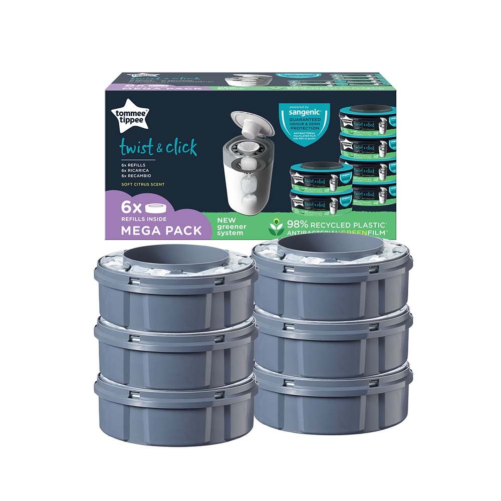 Tommee Tippee - Twist and Click Advanced Nappy Disposal Sangenic Tec Refills Pack of 6 with Sustainably Sourced Antibacterial GREENFILM