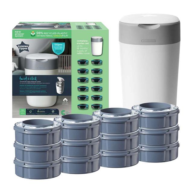 Tommee Tippee - Twist and Click Advanced Nappy Bin Starter Set with 12x Refill Cassettes with Sustainably Sourced Antibacterial GREENFILM - White