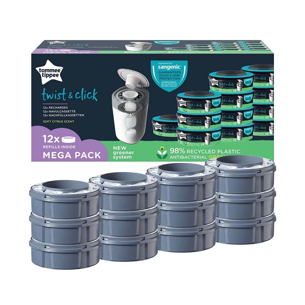 Tommee Tippee - Twist and Click Advanced Nappy Disposal Sangenic Tec Refills Pack of 12 with Sustainably Sourced Antibacterial GREENFILM