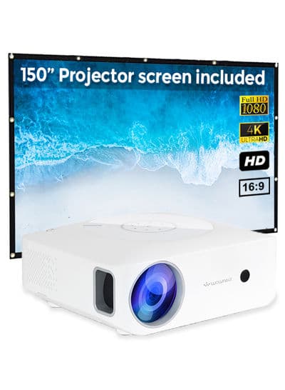 بروجكتر منزلي أندرويد Wownect Mini Android Projector 7000 Lumens Screen With Projector Screen مع شاشة عرض بمقاس 150 بوصة