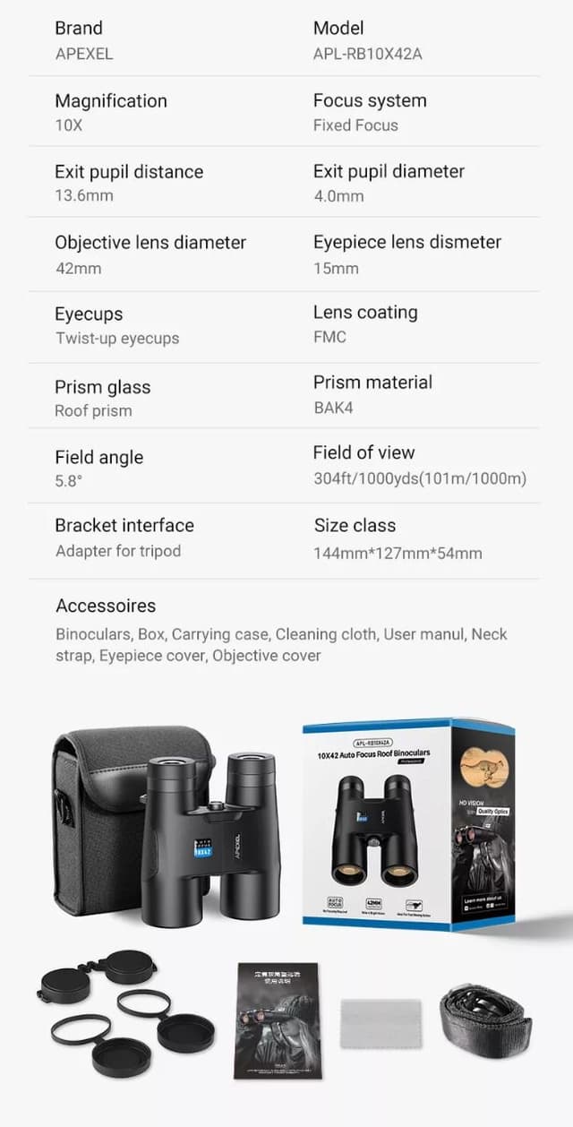 Apexel 10x42 Fixed Focus Binoculars Autofocus Telescope
