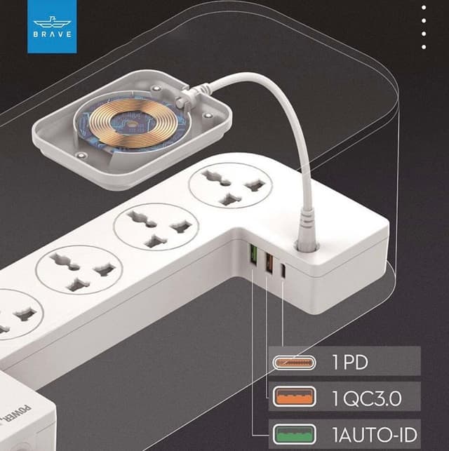توصيلة كهرباء 2 متر مع منظم أسلاك Brave Power Strip Box 15W Wireless Charger