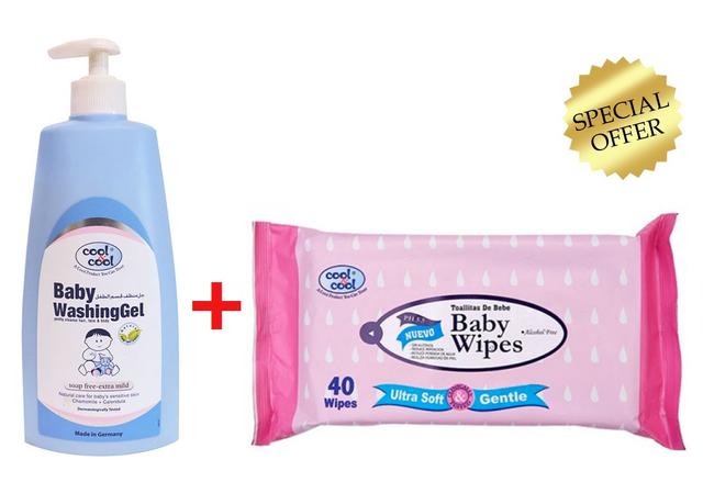 وايبس للأطفال 40 منديل مع غسول جل للأطفال 500 مل كول اند كول Cool & Cool Baby Washing Gel 500ml + Baby Wipes Regular 40's - SW1hZ2U6OTMzNDM0