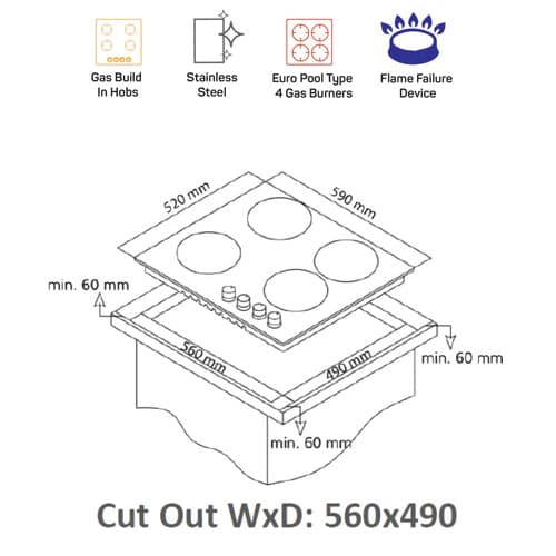غاز سطحي بلت ان تركي أتوماتيك 4 شعلات ستانلس ستيل نوبل  Nobel Stainless Steel 4 Automatic Gas Burner Turkish Industry Built-in Hobs - 243772