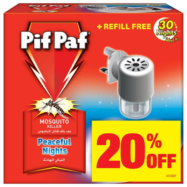 بف باف قاتل بعوض كهربائي 30 ليلة + عبوة اضافية 28 مل Pif Paf Mosquito Killer