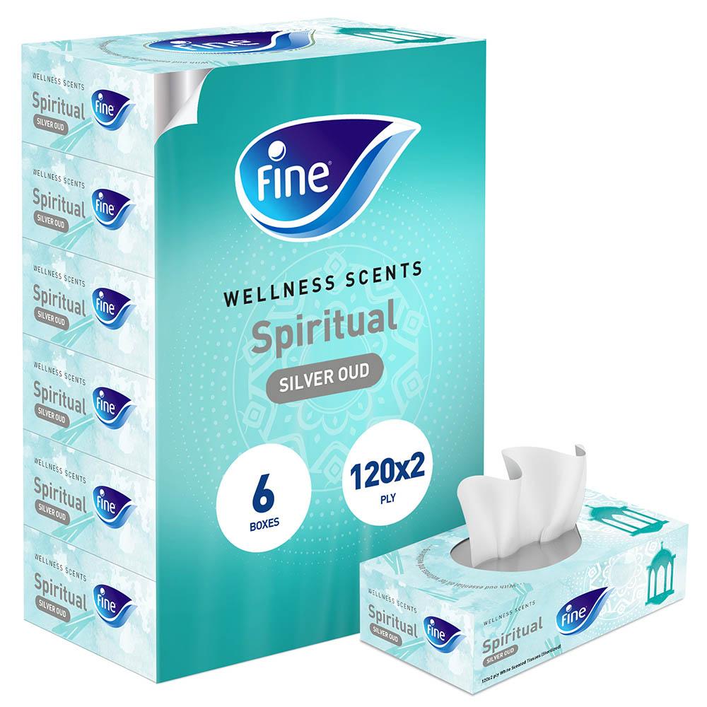 مناديل معقمة فاين 6 قطع Fine Facial Tissues Wellness Scents Spiritual-Silver Oud 120x2 Plies 5+1 Free (Pack of 6) Dawn