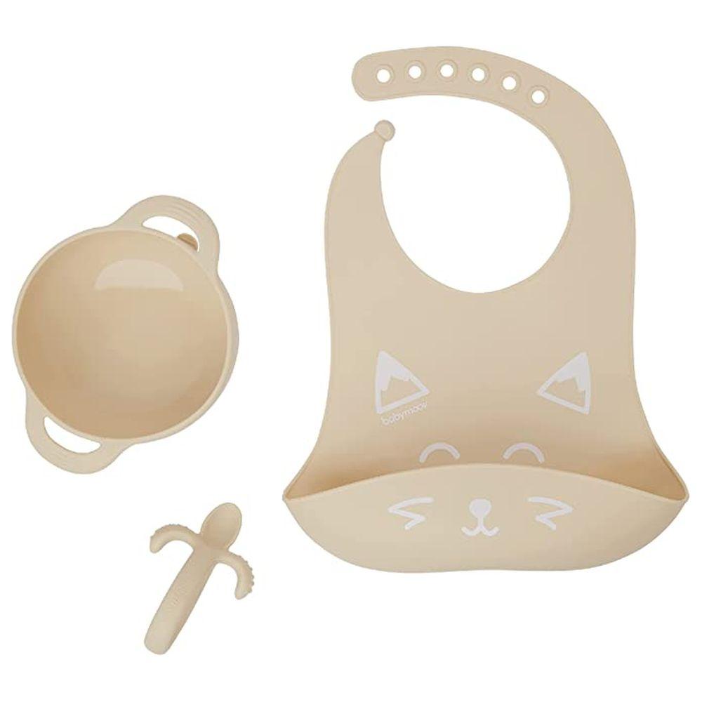 طقم أدوات طعام سيليكون للأطفال بيج بيبي موف Babymoov Silicone Bowl, Spoon & Bib Weaning 3pc Set Peach