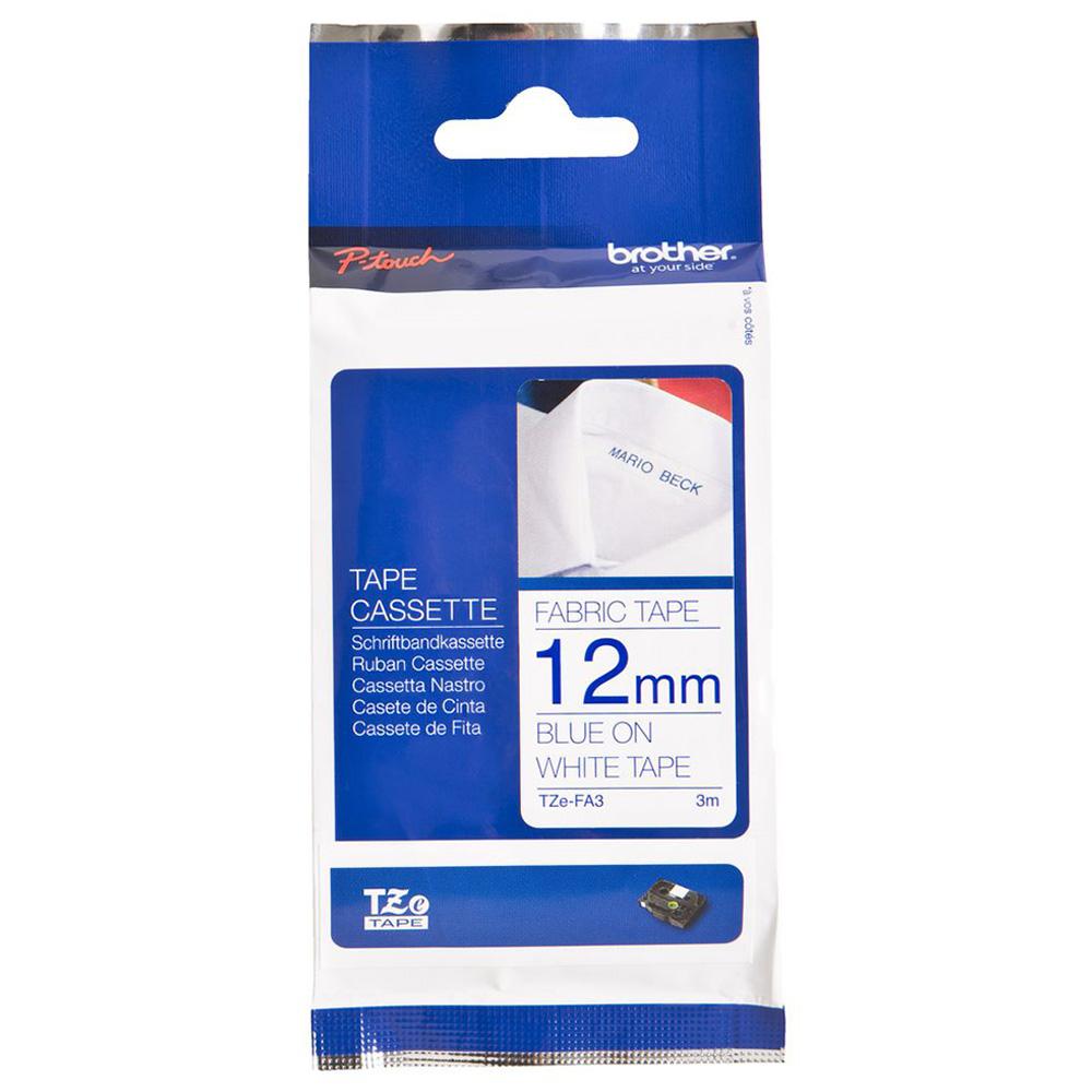 شريط طابعة ملصقات 12 مم أزرق على أبيض لجميع طابعات برذر للاستخدام على القماش Brother Iron On Fabric Tape TZe-FA3