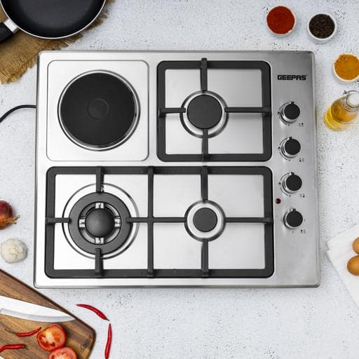غاز بلت ان مسطح 3 عيون وسطح تسخين كهربائي جيباس Geepas Stainless Steel Built-in Gas & Electric Hot Plate Hob
