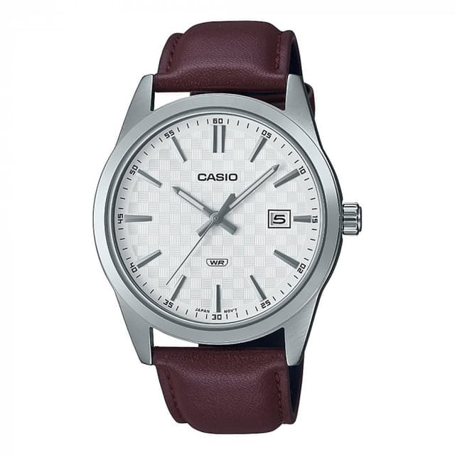 ساعة يد رجالية كاسيو مقاومة للماء ستانليس ستيل بحزام جلد بني CASIO Men Watch MTP-VD03L-5AUDF