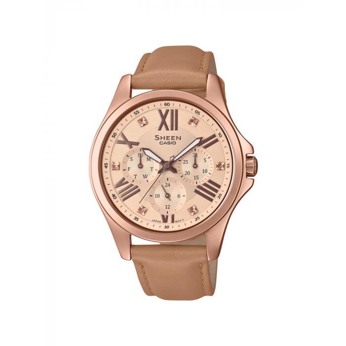 ساعة كاسيو شين نسائية أنالوغ جلد بني Casio SHEEN Women Analog Watch SHE-3806GL-9AUDR