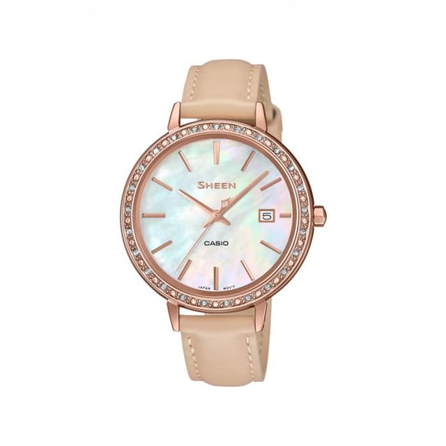 ساعة كاسيو شين نسائية أنالوغ جلد Casio SHEEN Women Analog Watch SHE-4052PGL-7BUDF