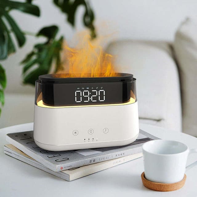فواحة كهربائية ومرطب هواء مع ساعة Alarm Clock Aroma Oil Diffuser Innovative Simulation Flame Humidifier