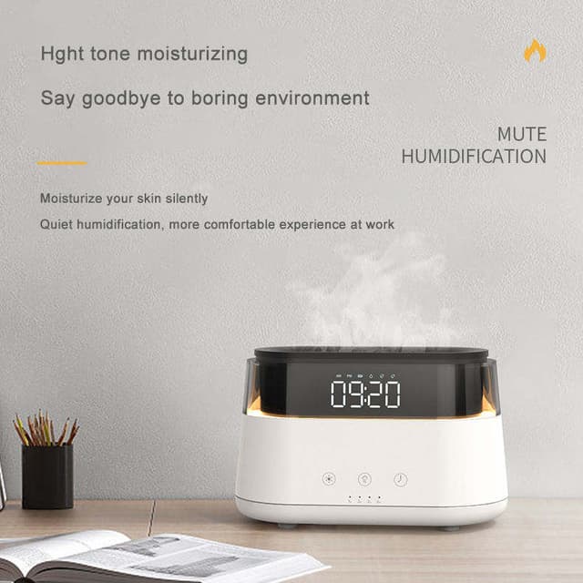 فواحة كهربائية ومرطب هواء مع ساعة Alarm Clock Aroma Oil Diffuser Innovative Simulation Flame Humidifier