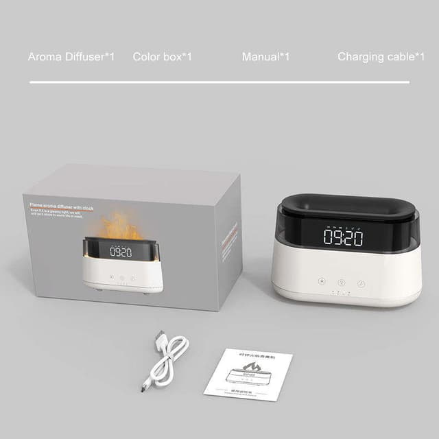 فواحة كهربائية ومرطب هواء مع ساعة Alarm Clock Aroma Oil Diffuser Innovative Simulation Flame Humidifier