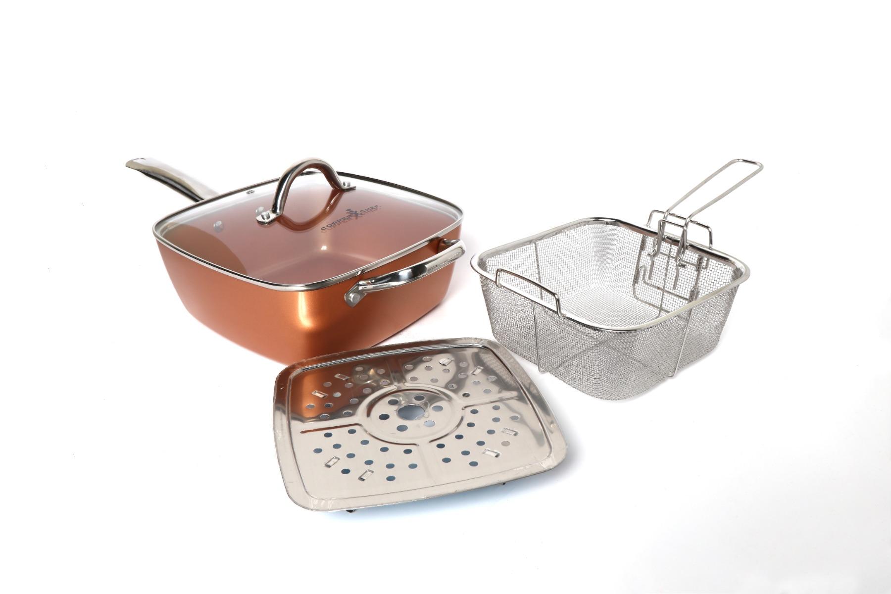 مقلاة عميقة 9.5 انش مع شبكة قلي وصينية بخار كوبر شيف Copper Chef 4 Pcs Square Deep Pan