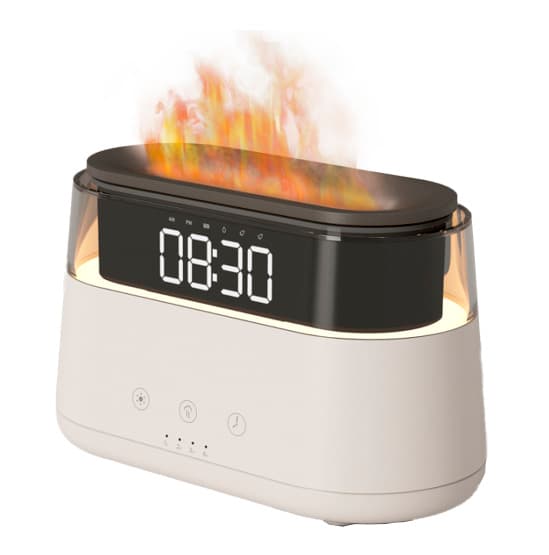 فواحة كهربائية ومرطب هواء مع ساعة Alarm Clock Aroma Oil Diffuser Innovative Simulation Flame Humidifier