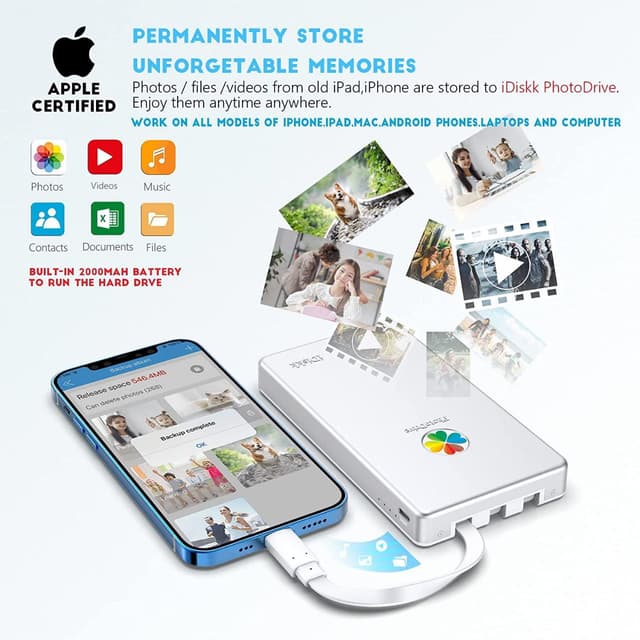 هارديسك للنسخ الإحتياطي من الآيفون والأندرويد 1 تيرابايت 2000 مللي أمبير iDiskk MFI Certified 1TB External Hard Drive