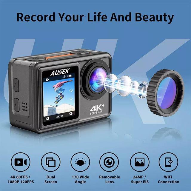 كاميرا فيديو مع شاشة مزدوجة Ausek Action Camera 5K 30Fps Touch Dual Screen