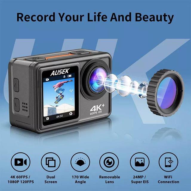 كاميرا فيديو مع شاشة مزدوجة Ausek Action Camera 5K 30Fps Touch Dual Screen - SW1hZ2U6OTY5ODU5