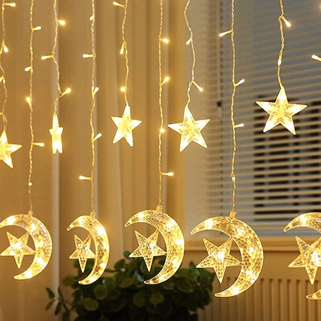 زينة رمضان للبيت هلال رمضان مع إضاءة 5 متر Toby's Ramadan Crescent Moon Star Curtain LED Fairy Lights