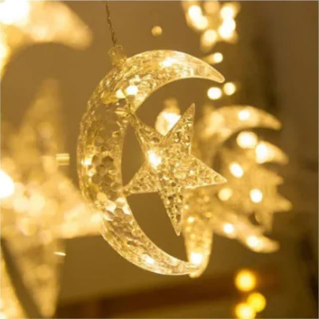 زينة رمضان للبيت هلال رمضان مع إضاءة 5 متر Toby's Ramadan Crescent Moon Star Curtain LED Fairy Lights