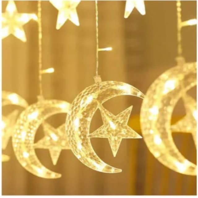 زينة رمضان للبيت هلال رمضان مع إضاءة 5 متر Toby's Ramadan Crescent Moon Star Curtain LED Fairy Lights