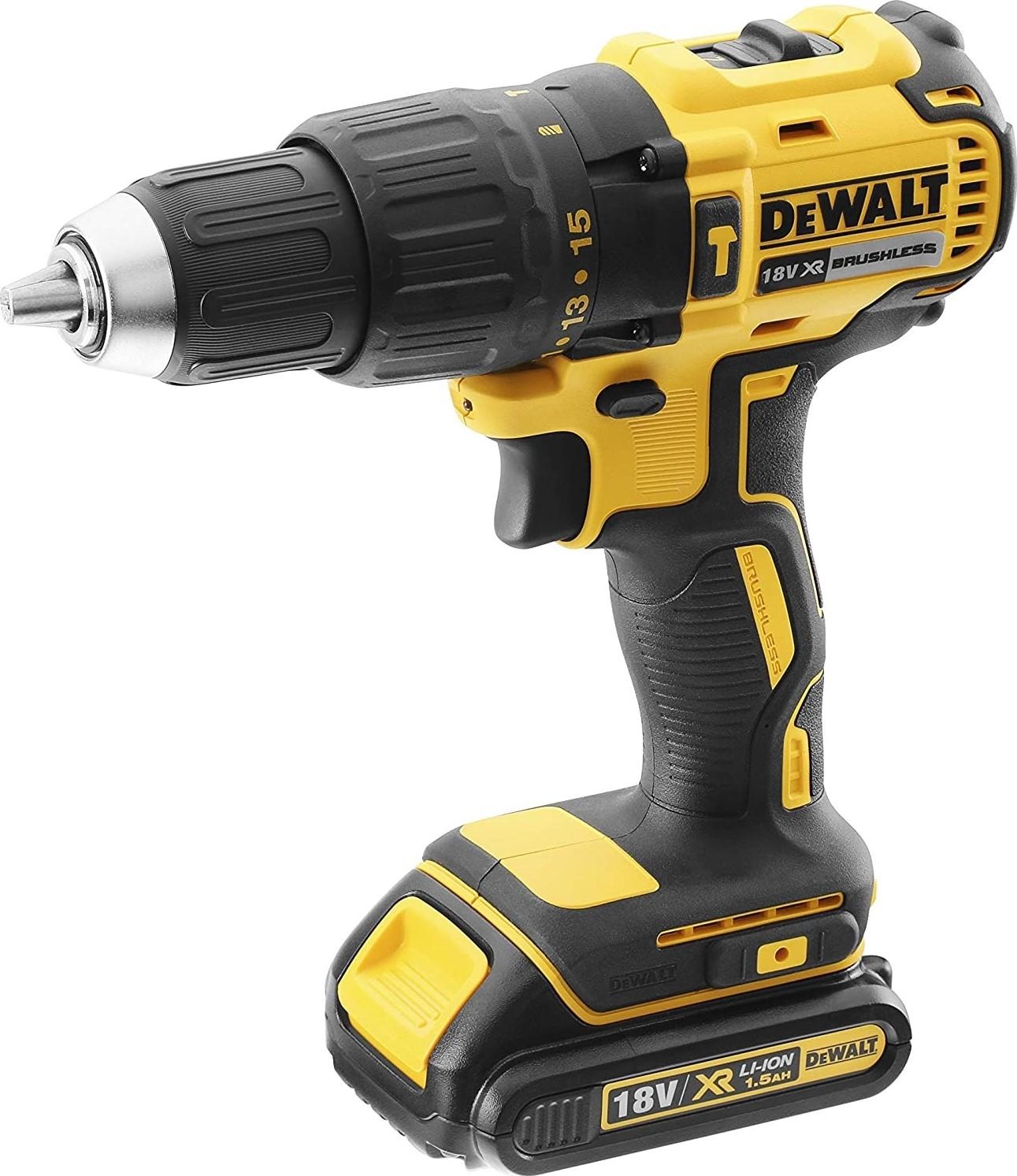 Dewalt 18V 13mm Compact Hammer Driver, Brushless, 2 x 1.5 Ah Batteries, Charger And Kit Box, 3Year Warrnty - Yellow/Black | DCD77852-GB