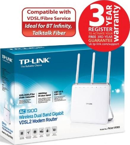 tp link TP-LINK Archer AC1900 Wireless Dual Band Gigabit VDSL2/ADSL2+ Modem Router for Phone Line Connections (Compatible with 4K Streaming/YouView IPTV/BT Infinity/TalkTalk/EE/Plusnet Fibre/LTE) | VR900