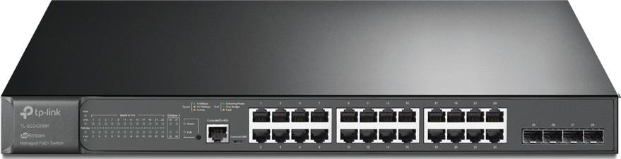 سويتش سطح مكتب 28 منفذ تي بي لينك TP-LINK JetStream 28-Port Gigabit L2 Managed Switch, with 24-Port, PoE+, 4 SFP Slots, 2x Fans, Rack Mountable SG3428MP