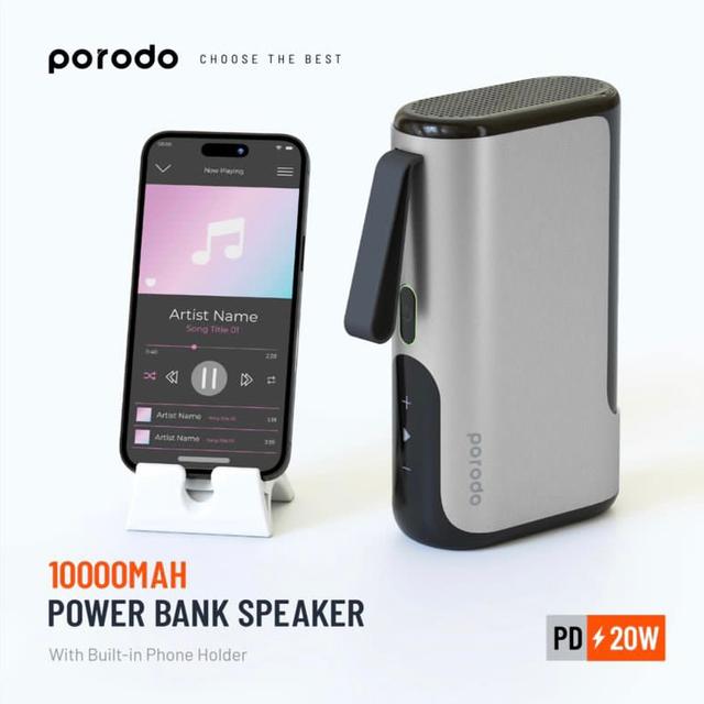 شاحن متنقل باور بانك 10000 مللي أمبير مع سبيكر بلوتوث مدمج بورودو Porodo Power Bank Speaker - SW1hZ2U6MTA4Njc1MA==