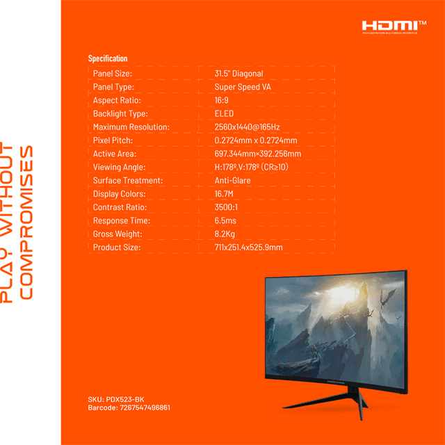 شاشة قيمنق منحنية 32 بوصة 165 هرتز بورودو Porodo Gaming Wide-Curved Screen Monitor