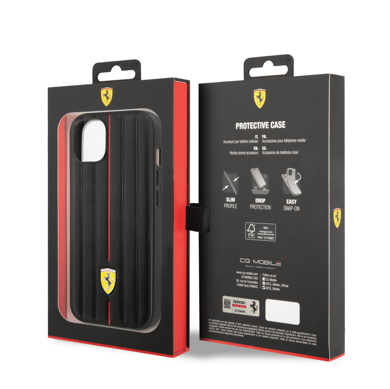 Ferrari Leather Case With Embossed Stripes & Yellow Shield Logo For iPhone 14 - Black [ FEHCP14SRMIK ]