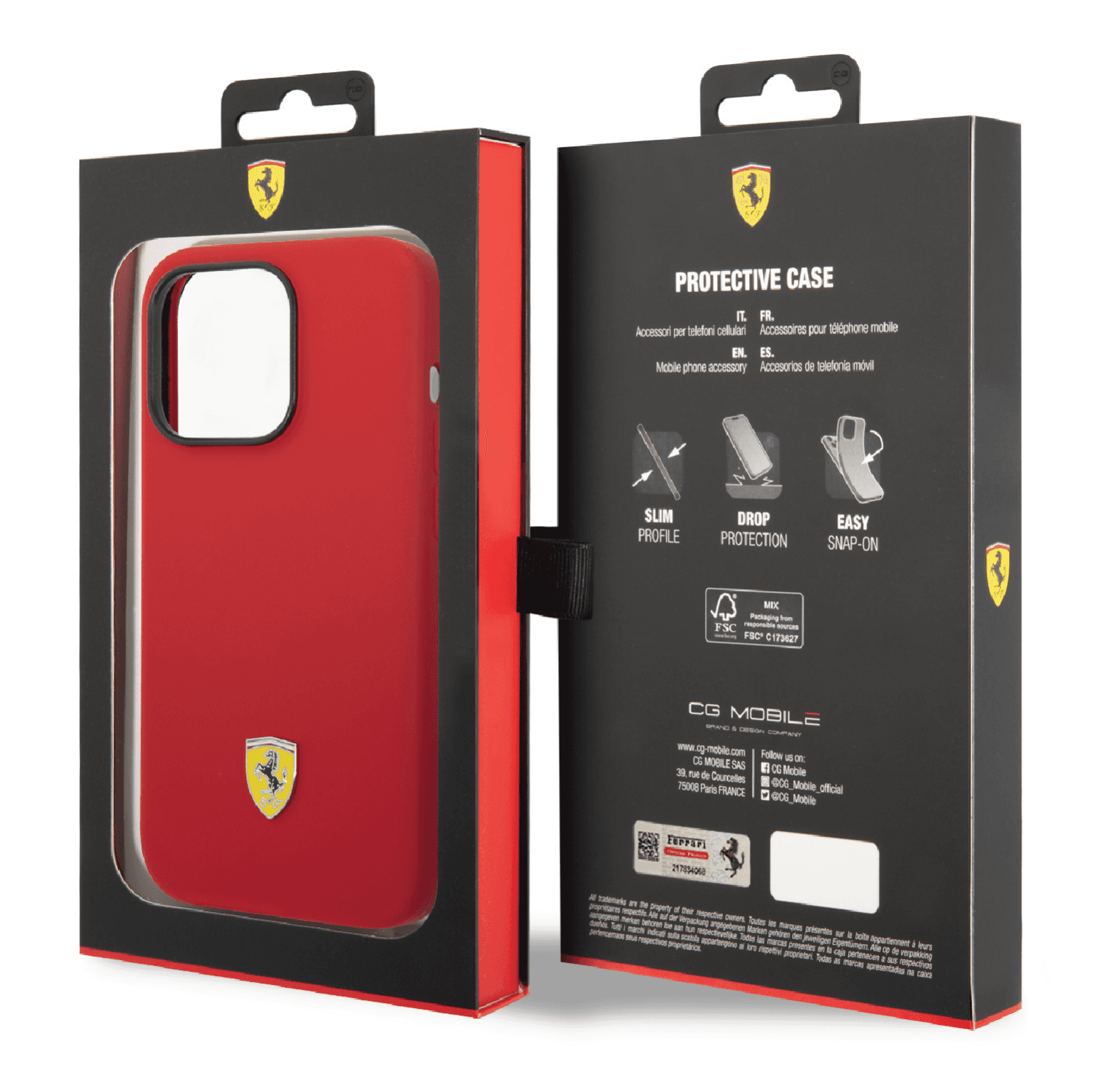 Ferrari Liquid Silicone Case With Red Camera Outline & Metal Logo For iPhone 14 Pro - Red [ FEHCP14LSIBBR ]