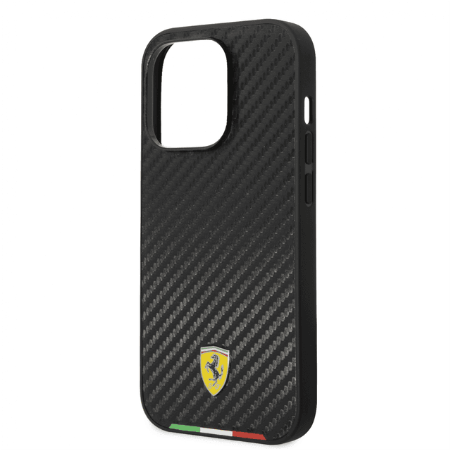 Ferrari HC PU Carbon Effect Case With Italian Flag Line For iPhone 14 Pro Max - Black [ FEHCP14XTABK ] - SW1hZ2U6MTM2OTQ5NA==