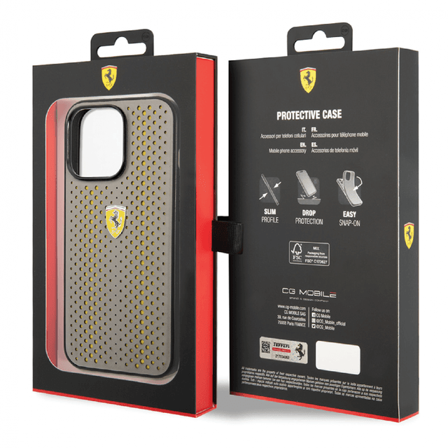 كفر ايفون 14 بلس جلد مع ارضية نايلون فيراري أصفر Ferrari PU Leather Perforated Case With Nylon Base - SW1hZ2U6MTM3MDAwMA==