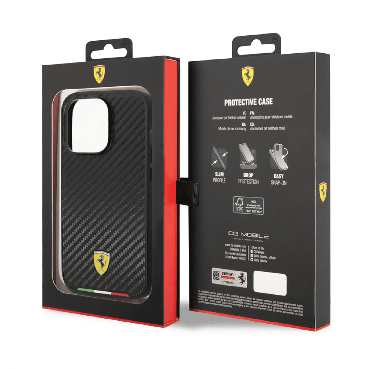 Ferrari HC PU Carbon Effect Case With Italian Flag Line For iPhone 14 Plus - Black [ FEHCP14MTABK ]