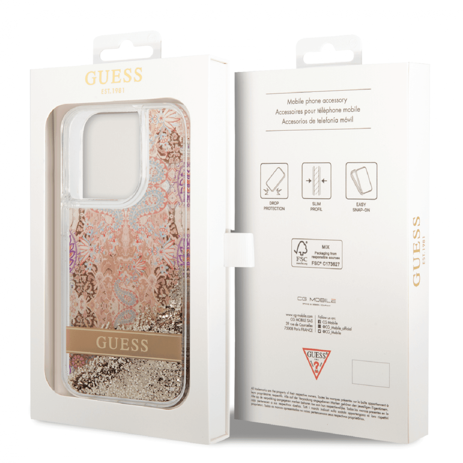 Guess Liquid Glitter Case With Flower Pattern For iPhone 14 Pro Max - Gold [ GUHCP14XLFLSD ]