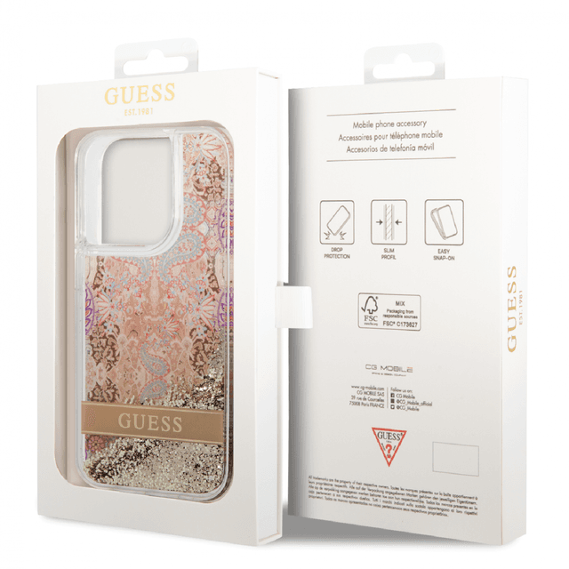 Guess Liquid Glitter Case With Flower Pattern For iPhone 14 Pro Max - Gold [ GUHCP14XLFLSD ] - SW1hZ2U6MTM4NTc1NA==