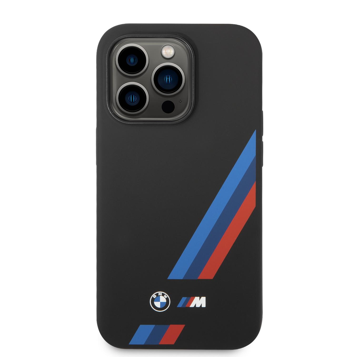 BMW M Collection Liquid Silicone Case With Slanted Tricolor Stripes & Printed Logo For iPhone 14 Pro - Black [ BMHCP14L22SOTK ]