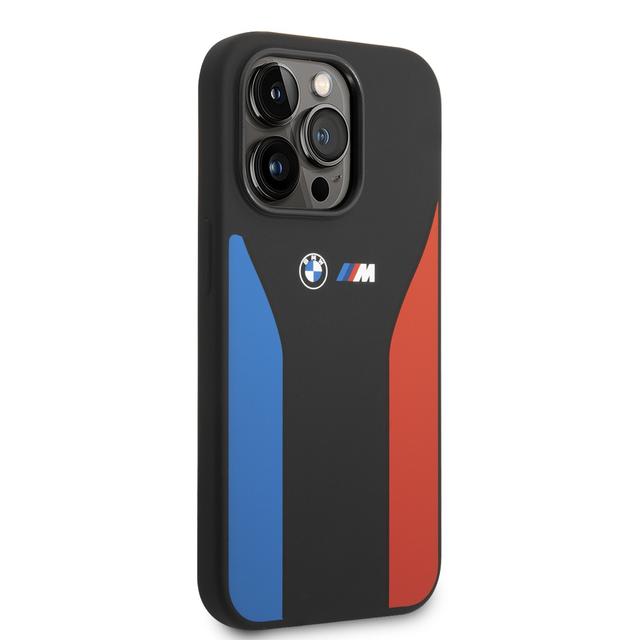 BMW M Collection Liquid Silicone Case With Tricolor Print & Logo For iPhone 14 Pro - Black [ BMHCP14L22SCSK ] - SW1hZ2U6MTM2NTc1MA==