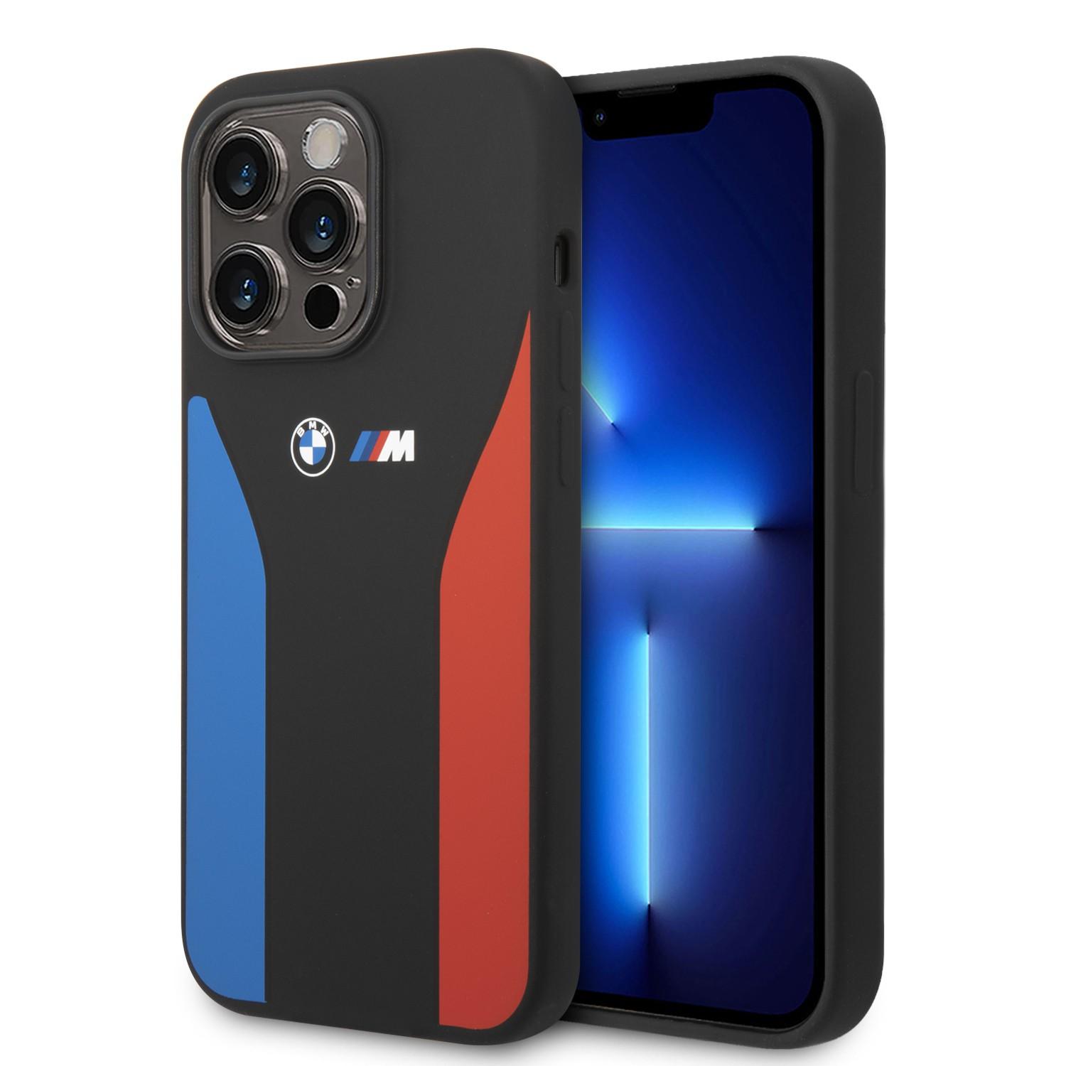 BMW M Collection Liquid Silicone Case With Tricolor Print & Logo For iPhone 14 Pro Max - Black [ BMHCP14X22SCSK ]