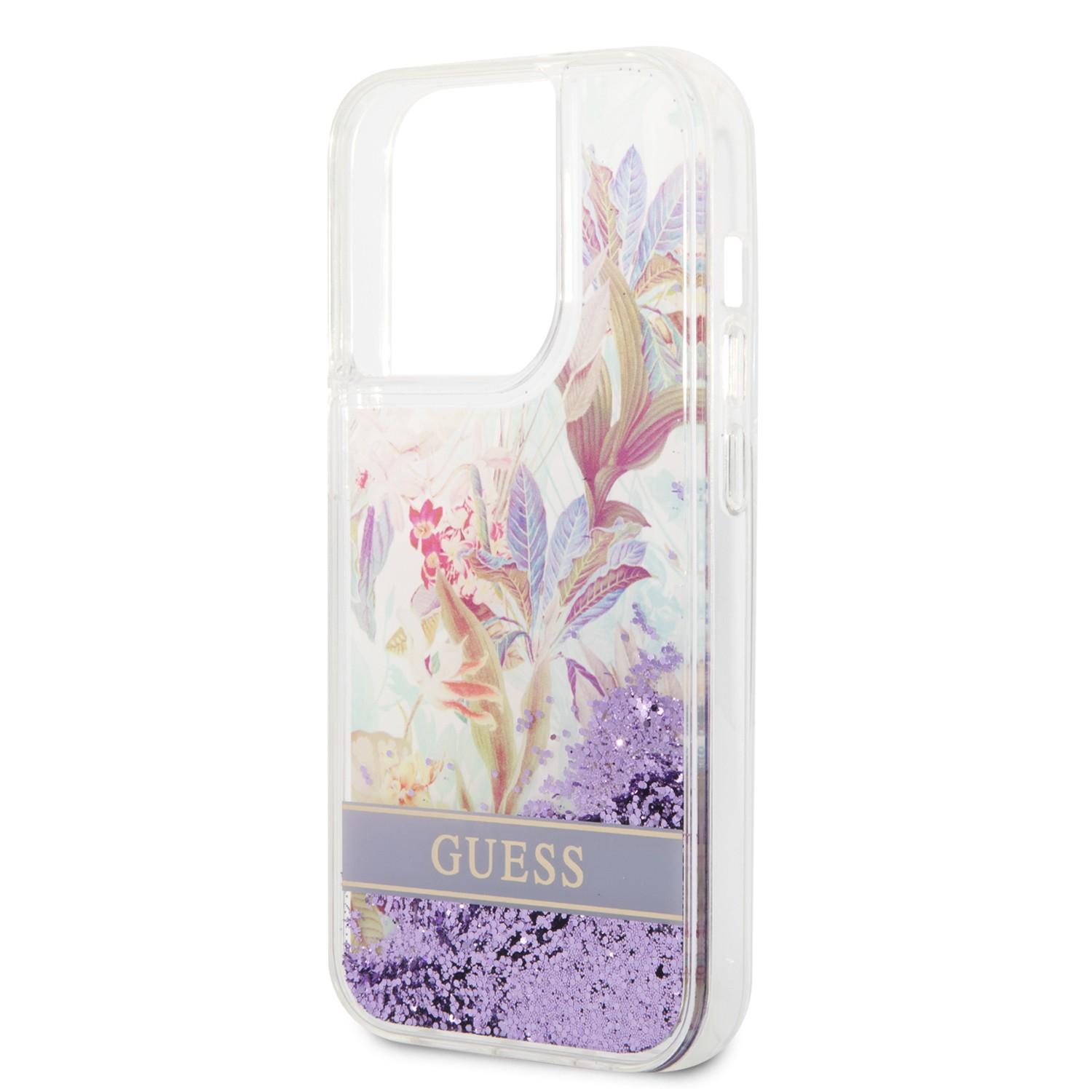 Guess Liquid Glitter Case With Flower Pattern For iPhone 14 Pro - Purple [ GUHCP14LLFLSU ]