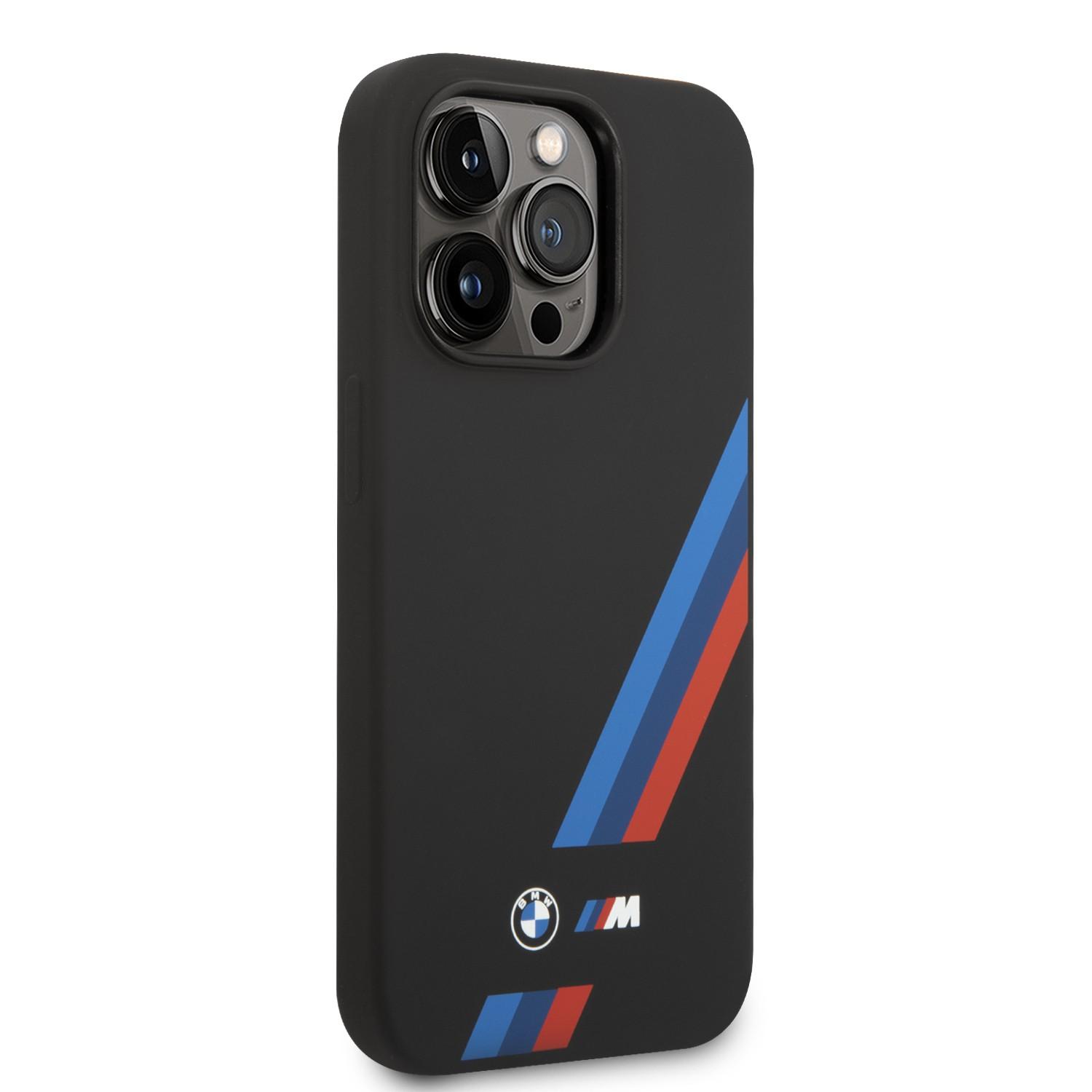 BMW M Collection Liquid Silicone Case With Slanted Tricolor Stripes & Printed Logo For iPhone 14 Pro Max - Black [ BMHCP14X22SOTK ]