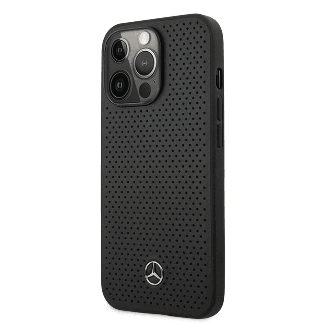 Mercedes-Benz Genuine Leather Hard Case With Perforated Metal Star Logo For iPhone 14 Pro - Black [ MEHCP14LDELBK ] - SW1hZ2U6MTM5NTU1NQ==