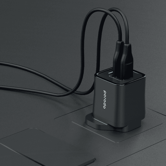 Porodo Dual USB Wall Charger 2.4A UK with PVC Lightning Cable 1.2m - Black [ PD-FWCH011-L-BK ] - SW1hZ2U6MTM5NjU0MQ==