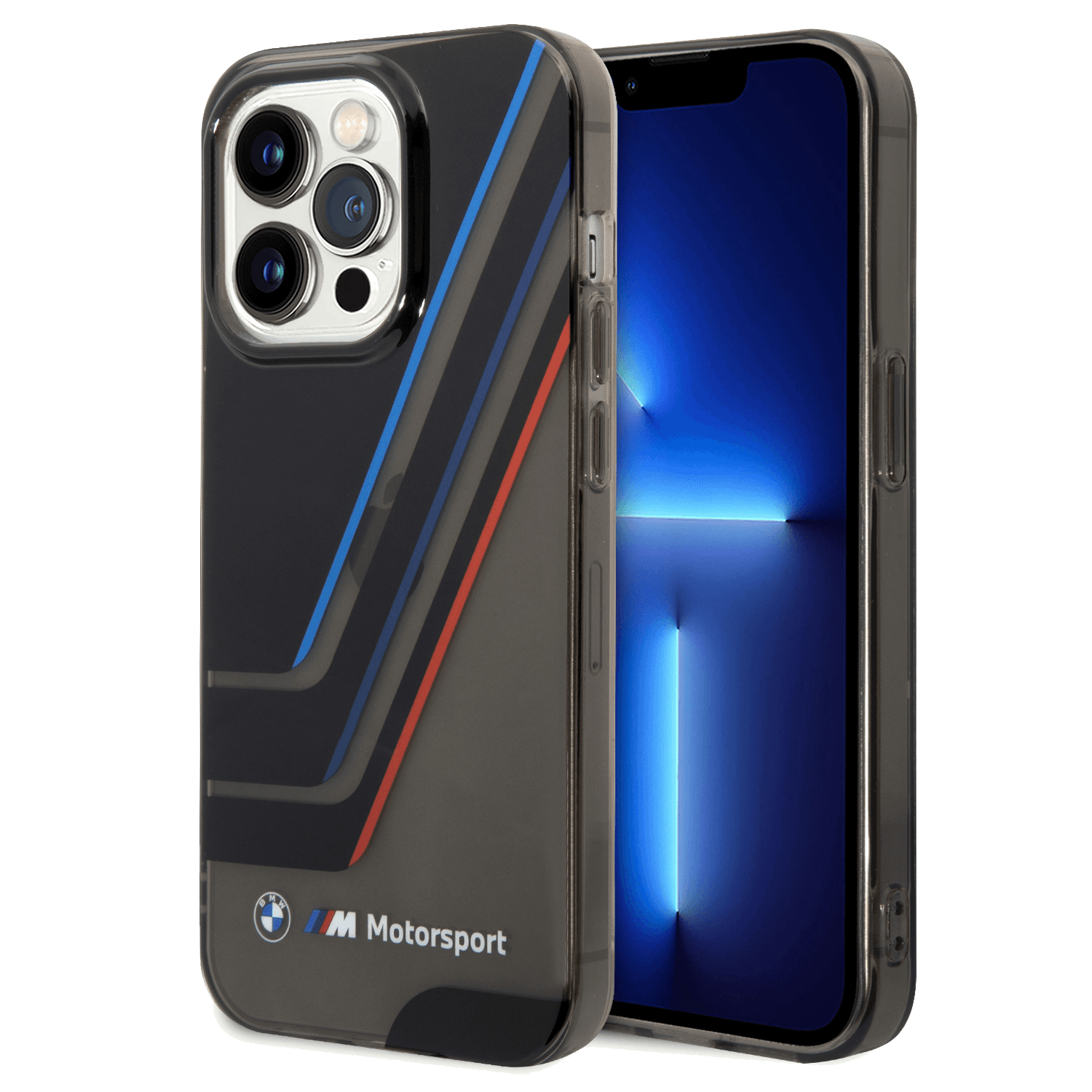 BMW Motorsport Collection PC/TPU IML Printed Tricolor Stripes, Translucent Zones & Printed Logo For iPhone 14 Pro - Black [ BMHCP14L22HDTK ]