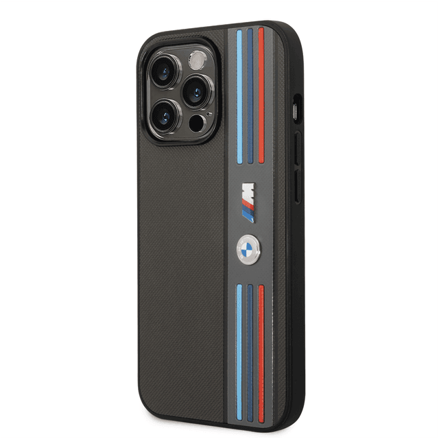 BMW M Collection PU Leather Mesh Case With Printed Tricolor Lines And Logo For iPhone 14 Pro - Grey [ BMHCP14L22PPMA ] - SW1hZ2U6MTM2NTYzOQ==