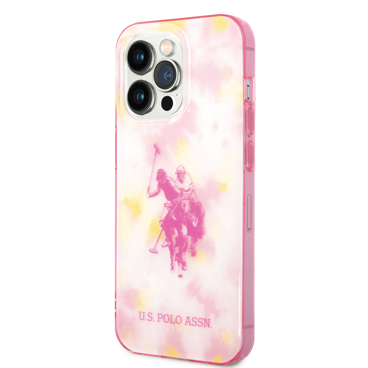 كفر جوال ايفون 14 برو سيليكون لون وردي من يو اس بولو USPA PC TPU Case With Tie&Dye Design & Horse Logo For iPhone 14 Pro