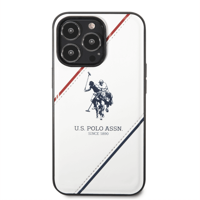 كفر جوال ايفون 14 برو ماكس جلدي لون أبيض مع لوغو حصان من يو اس بولو USPA PU Leather Case With Embossed Double Line & Horse Logo For iPhone 14 Pro Max - SW1hZ2U6MTM5OTMxOA==